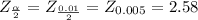 Z_{\frac{\alpha }{2} } = Z_{\frac{0.01}{2} } = Z_{0.005} = 2.58