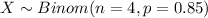 X \sim Binom(n=4, p=0.85)