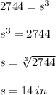 2744=s^3\\\\s^3=2744\\\\s=\sqrt[3]{2744}\\\\s = 14\:in