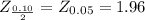 Z_{\frac{0.10}{2} } = Z_{0.05} = 1.96