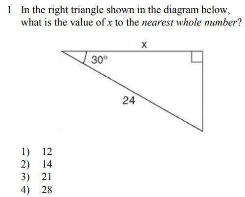 In the right triangle shown in the diagram below, what is the value of x to the nearest whole number
