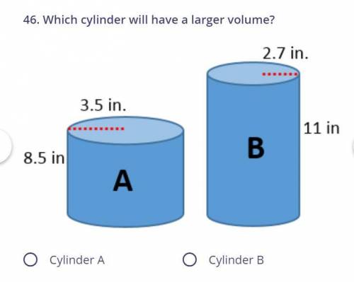 Two cylinders are shown below. Which cylinder has the greater volume? Use 3.14 for π. Round to the n