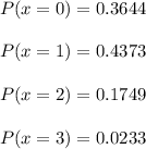 P(x=0)=0.3644\\\\P(x=1)=0.4373\\\\P(x=2)=0.1749\\\\P(x=3)=0.0233\\\\