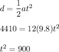 d=\dfrac{1}{2}at^2 \\\\4410=\dfac{1}{2}(9.8)t^2 \\\\t^2=900