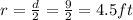 r = \frac{d}{2} = \frac{9}{2} = 4.5 ft