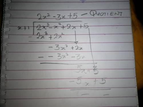 Isiah is dividing 2x3 - x2 + 2x + 5 by x + 1 using a division table. His work is shown here.

Isiah