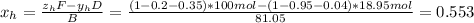 x_h=\frac{z_hF-y_hD}{B} =\frac{(1-0.2-0.35)*100mol-(1-0.95-0.04)*18.95mol}{81.05} =0.553