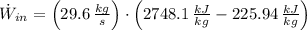 \dot W_{in} = \left(29.6\,\frac{kg}{s} \right)\cdot \left(2748.1\,\frac{kJ}{kg} - 225.94\,\frac{kJ}{kg} \right)