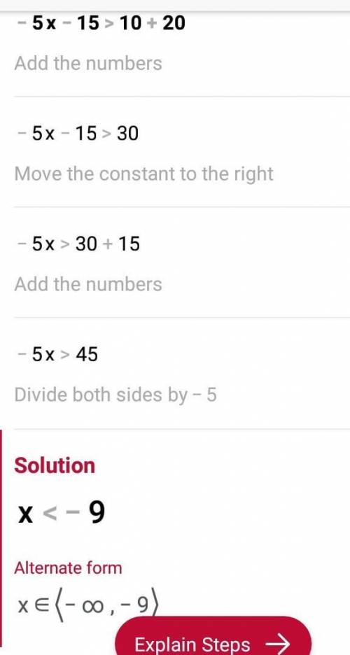 What value of x in the solution set of -5×-15>10+20
