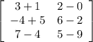 \left[\begin{array}{ccc}3+1&2-0\\-4+5&6-2\\7-4&5-9\end{array}\right]