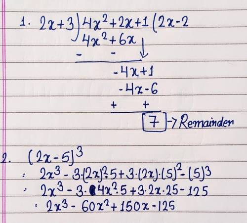 1)Find the remainder when 4x2 + 2x + 1 is divided by (2x +3).

(A) 2 (B) 7 (C) 5 (D) -3 2)The coeffi