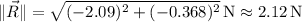 \|\vec R\|=\sqrt{(-2.09)^2+(-0.368)^2}\,\mathrm N\approx2.12\,\mathrm N