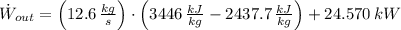 \dot W_{out} = \left(12.6\,\frac{kg}{s}\right)\cdot \left(3446\,\frac{kJ}{kg} - 2437.7\,\frac{kJ}{kg} \right) + 24.570\,kW