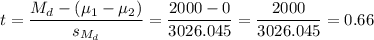 t=\dfrac{M_d-(\mu_1-\mu_2)}{s_{M_d}}=\dfrac{2000-0}{3026.045}=\dfrac{2000}{3026.045}=0.66