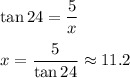 \tan 24= \dfrac{5}{x} \\\\x=\dfrac{5}{\tan 24}\approx 11.2