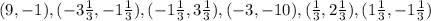 (9,-1),(-3\frac{1}{3} , -1\frac{1}{3} ) , (-1\frac{1}{3}, 3\frac{1}{3}  ) ,(-3 , -10) ,(\frac{1}{3} ,2\frac{1}{3}) ,  (1\frac{1}{3}, -1\frac{1}{3}  )