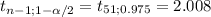 t_{n-1;1-\alpha /2}= t_{51;0.975}= 2.008