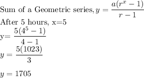 \text{Sum of a Geometric series},y=\dfrac{a(r^x-1)}{r-1} \\$After 5 hours, x=5\\y=\dfrac{5(4^5-1)}{4-1} \\y=\dfrac{5(1023)}{3}\\\\y=1705