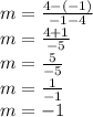 m=\frac{4-(-1) }{-1- 4 }\\m=\frac{4+1 }{-5 }\\m=\frac{5}{-5 }\\m=\frac{1}{-1 }\\m=-1