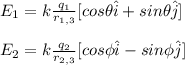 E_1=k\frac{q_1}{r_{1,3}}[cos\theta\hat{i}+sin\theta \hat{j}]\\\\E_2=k\frac{q_2}{r_{2,3}}[cos\phi\hat{i}-sin\phi \hat{j}]\\\\