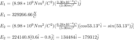 E_1=(8.98*10^9Nm^2/C^2)(\frac{3.30*10^{-4}C}{(3.00m)^2})\hat{j}\\\\E_1=329266.66\frac{N}{C}\\\\E_2=(8.98*10^9Nm^2/C^2)(\frac{6.24*10^{-4}C}{(5.00m)^2})[cos53.13\°\hat{i}-sin(53.13\°)\hat{j}]\\\\E_2=224140.8[0.6\hat{i}-0.8\hat{j}]=134484\hat{i}-179312\hat{j}