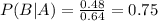 P(B|A) = \frac{0.48}{0.64} = 0.75