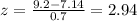 z=\frac{9.2-7.14}{0.7}=2.94