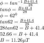 \phi = tan^{-1} \frac{B + 41.4 }{28} \\tan \phi = \frac{B + 41.4 }{28}\\\phi = 62^0\\tan 62 = \frac{B + 41.4 }{28}\\28 tan 62 = B + 41.4\\52.66 = B + 41.4\\B = 11.26 \mu T