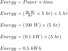 Energy = Power \times time \\\\Energy = (\frac{20 \ W}{hr} \times 5 \ hr) \times 5\ hr\\\\Energy = (100 \ W) \times ( 5 \ hr)\\\\Energy = (0.1 \ kW) \times (5 \ hr)\\\\Energy = 0.5 \ kWh