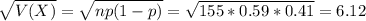 \sqrt{V(X)} = \sqrt{np(1-p)} = \sqrt{155*0.59*0.41} = 6.12