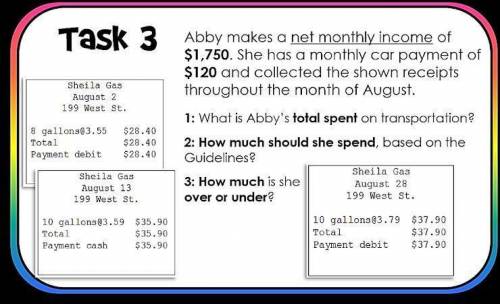 1. What is Abby's total spent on transportation?

2. How much should she spend on transportation, ba