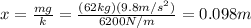 x=\frac{mg}{k}=\frac{(62kg)(9.8m/s^2)}{6200N/m}=0.098m