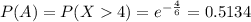 P(A) = P(X  4) = e^{-\frac{4}{6}} = 0.5134