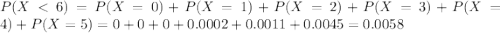 P(X < 6) = P(X = 0) + P(X = 1) + P(X = 2) + P(X = 3) + P(X = 4) + P(X = 5) = 0 + 0 + 0 + 0.0002 + 0.0011 + 0.0045 = 0.0058