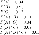 P(A)=0.34\\P (B )= 0.23\\  P (C )= 0.12\\ P(A \cap B )= 0.11\\  P (A  \cap C )= 0.04\\  P (B  \cap C )= 0.07\\P(A  \cap B  \cap C)=0.01