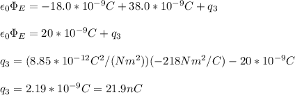 \epsilon_0 \Phi_E=-18.0*10^{-9}C+38.0*10^{-9}C+q_3\\\\\epsilon_0 \Phi_E=20*10^{-9}C+q_3\\\\q_3=(8.85*10^{-12}C^2/(Nm^2))(-218Nm^2/C)-20*10^{-9}C\\\\q_3=2.19*10^{-9}C=21.9nC