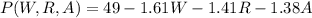 P ( W , R , A ) = 49 - 1.61W - 1.41R - 1.38A