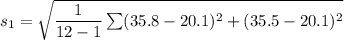 s_ 1 = \sqrt{\dfrac{1}{12-1}\sum (35.8- 20.1)^2+ (35.5-20.1)^2}
