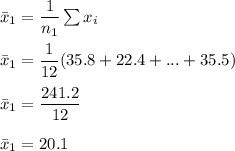 \bar x_1 = \dfrac{1}{n_1} \sum x_i  \\ \\ \bar x_1  = \dfrac{1}{12}(35.8 +22.4+...+35.5) \\ \\ \bar x_1 = \dfrac{241.2}{12}  \\ \\ \bar x_1 =20.1