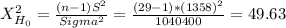 X^2_{H_0}= \frac{(n-1)S^2}{Sigma^2}= \frac{(29-1)*(1358)^2}{1040400} = 49.63