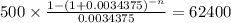 500 \times \frac{1-(1+0.0034375)^{-n} }{0.0034375} = 62400\\