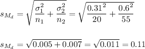 s_{M_d}=\sqrt{\dfrac{\sigma_1^2}{n_1}+\dfrac{\sigma_2^2}{n_2}}=\sqrt{\dfrac{0.31^2}{20}+\dfrac{0.6^2}{55}}\\\\\\s_{M_d}=\sqrt{0.005+0.007}=\sqrt{0.011}=0.11