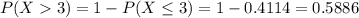 P(X  3) = 1 - P(X \leq 3) = 1 - 0.4114 = 0.5886
