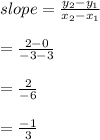 slope=\frac{y_{2}-y_{1}}{x_{2}-x_{1}}\\\\=\frac{2-0}{-3-3}\\\\=\frac{2}{-6}\\\\=\frac{-1}{3}