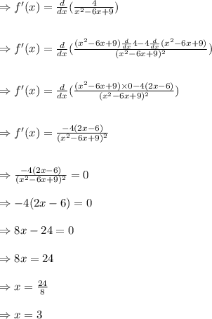 \Rightarrow f'(x) = \frac{d }{dx}(\frac{4}{x^2-6x+9})\\\\\\\Rightarrow f'(x) = \frac{d }{dx}(\frac{(x^2-6x+9) \frac{d}{dx} 4- 4\frac{d}{dx}(x^2-6x+9) }{(x^2-6x+9)^2})\\\\\\\Rightarrow f'(x) = \frac{d }{dx}(\frac{(x^2-6x+9) \times 0 - 4(2x-6) }{(x^2-6x+9)^2})\\\\\\\Rightarrow f'(x) =  \frac{- 4(2x-6)}{(x^2-6x+9)^2}\\\\\\\Rightarrow  \frac{- 4(2x-6)}{(x^2-6x+9)^2}=0\\\\\Rightarrow - 4(2x-6)=0\\\\\Rightarrow  8x-24=0\\\\\Rightarrow  8x=24\\\\\Rightarrow  x=\frac{24}{8}\\\\\Rightarrow  x=3\\\\