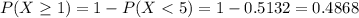P(X \geq 1) = 1 - P(X < 5) = 1 - 0.5132 = 0.4868
