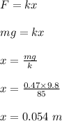 F =kx\\\\mg = kx\\\\x = \frac{mg}{k} \\\\x = \frac{0.47 \times 9.8}{85} \\\\x = 0.054 \ m