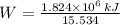 W = \frac{1.824\times 10^{6}\,kJ}{15.534}