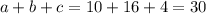 a + b + c = 10 + 16 + 4 = 30