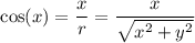 $\text{cos}(x)=\frac{x}{r} =\frac{x}{\sqrt{x^2 +y^2} } $